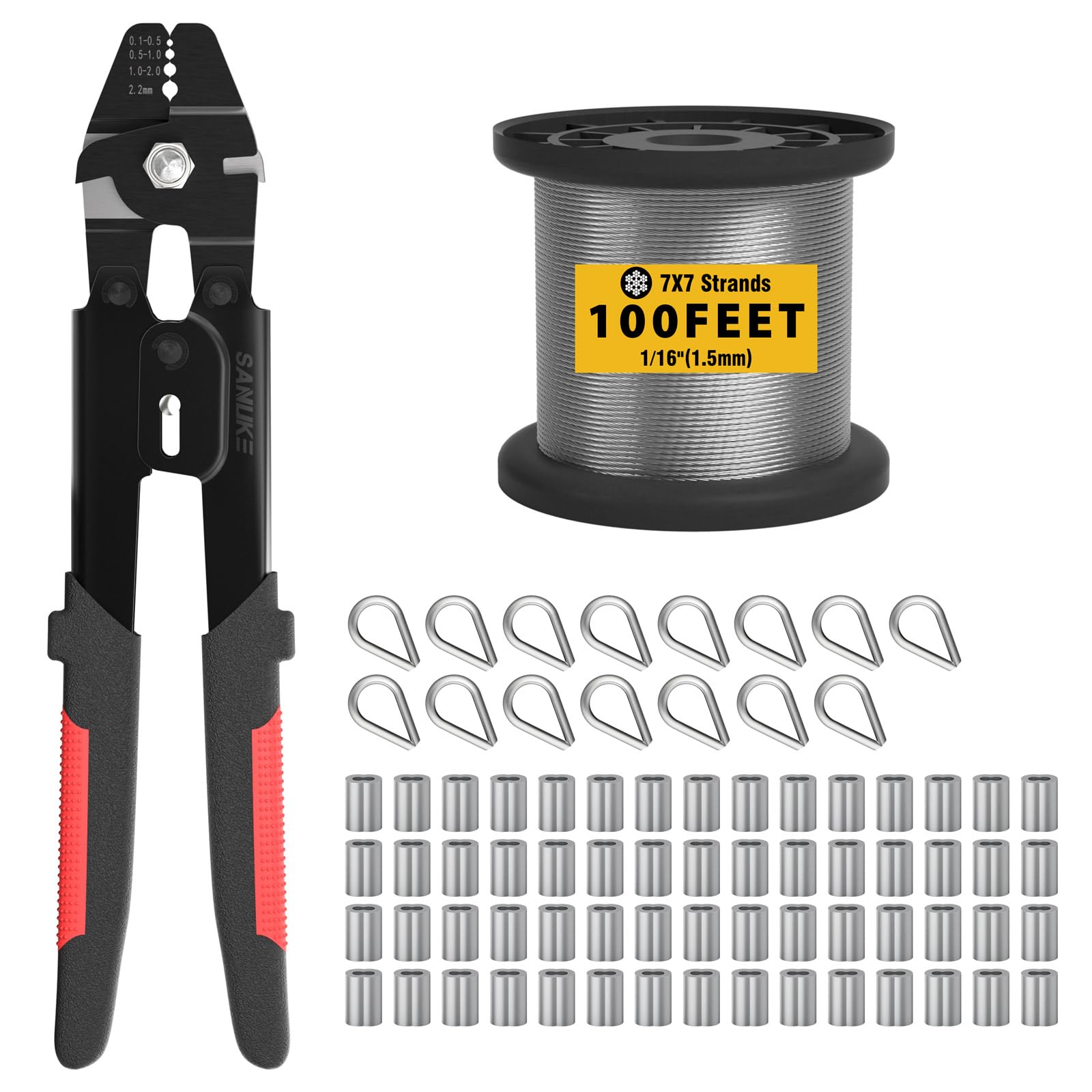Sanuke Wire Rope Crimp Kit with 100ft 1/16 304 Stainless